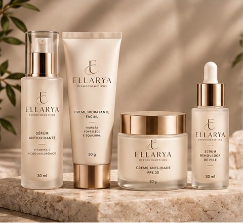 Linha de dia Ellarya: sérum, creme, hidratante e sérum conta-gotas