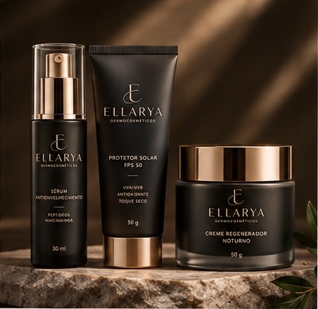 Linha noturna Ellarya em embalagens pretas e douradas